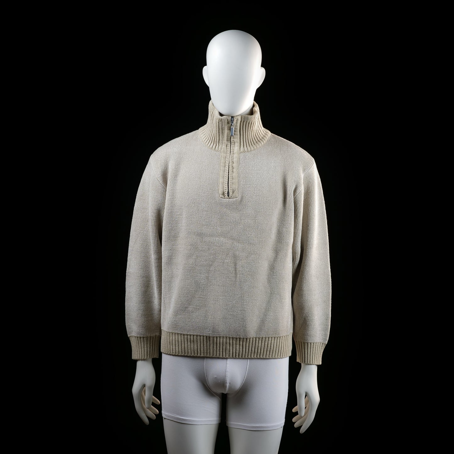 Erkuş - Sweater - Beige - Size M - Ribbed high collar sweater with a quarter-zip front closure. Features ribbed cuffs and hem.