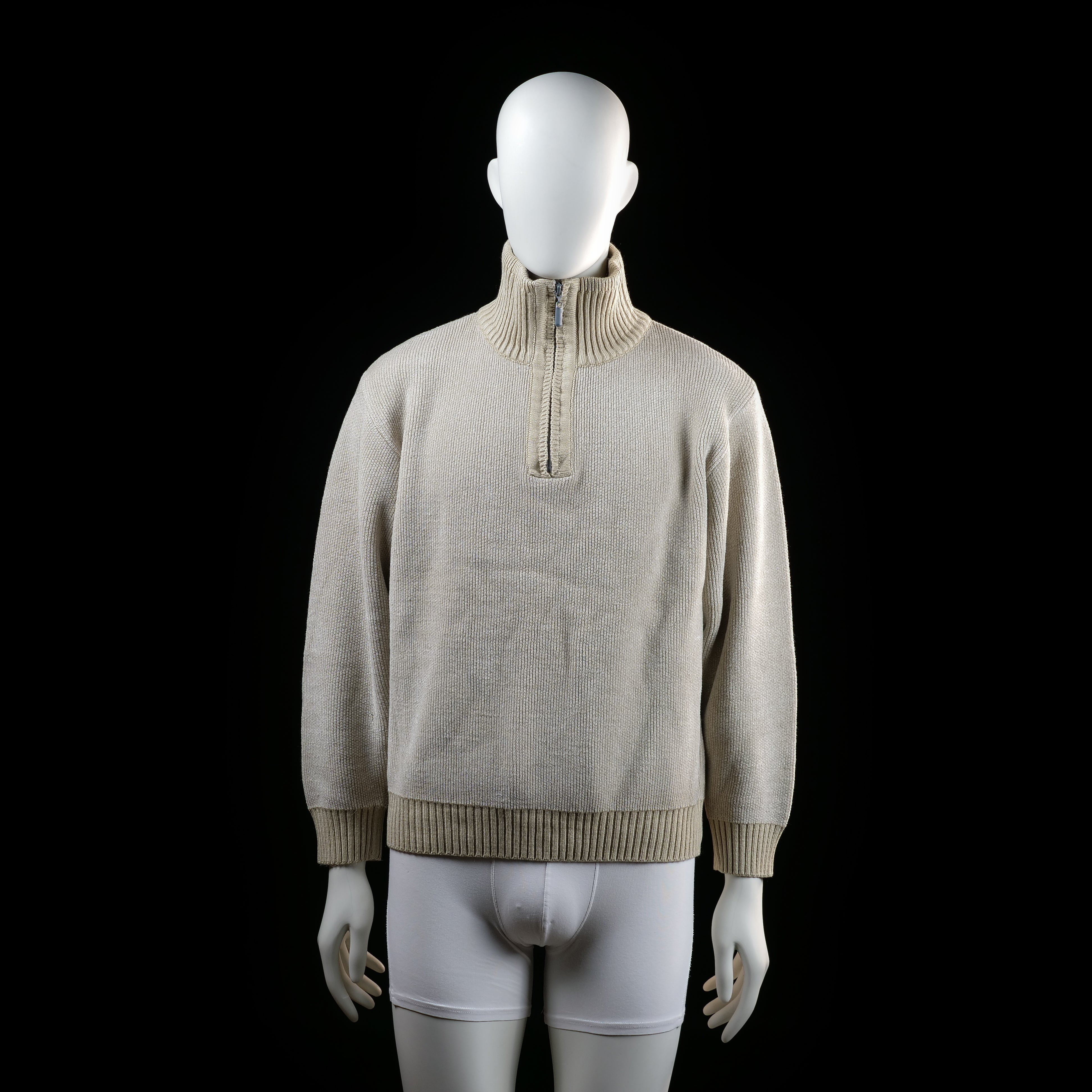 Erkuş - Sweater - Beige - Size M - Ribbed high collar sweater with a quarter-zip front closure. Features ribbed cuffs and hem.