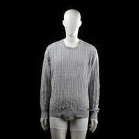 Bondelid - Sweater - Light Gray - Size L - Light gray cable knit sweater with a round neckline and ribbed cuffs and hem. Features a small leather patch near the hem on the left.