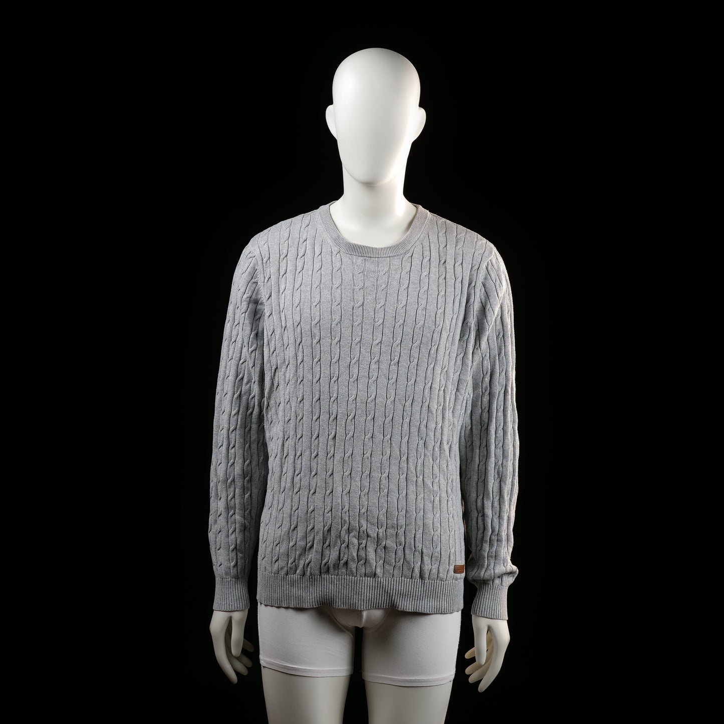 Bondelid - Sweater - Light Gray - Size L - Light gray cable knit sweater with a round neckline and ribbed cuffs and hem. Features a small leather patch near the hem on the left.