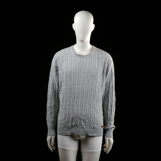 Bondelid - Sweater - Light Gray - Size L - Light gray cable knit sweater with a round neckline and ribbed cuffs and hem. Features a small leather patch near the hem on the left.
