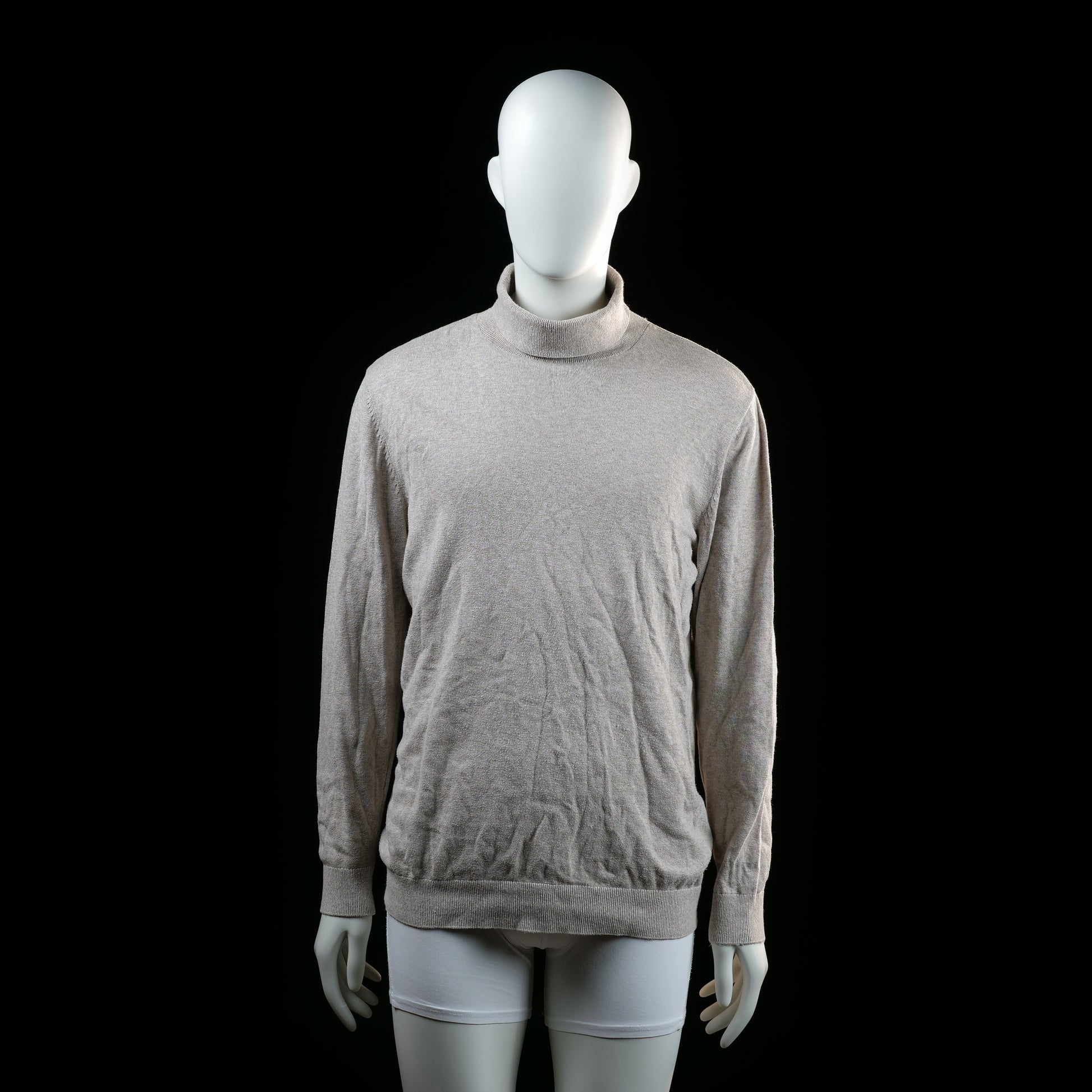 H&M - Turtleneck - Beige - Size L - Long-sleeve top with a high, folded-over turtleneck collar and ribbed cuffs and hem. The fabric appears lightly textured and the fit is relaxed.