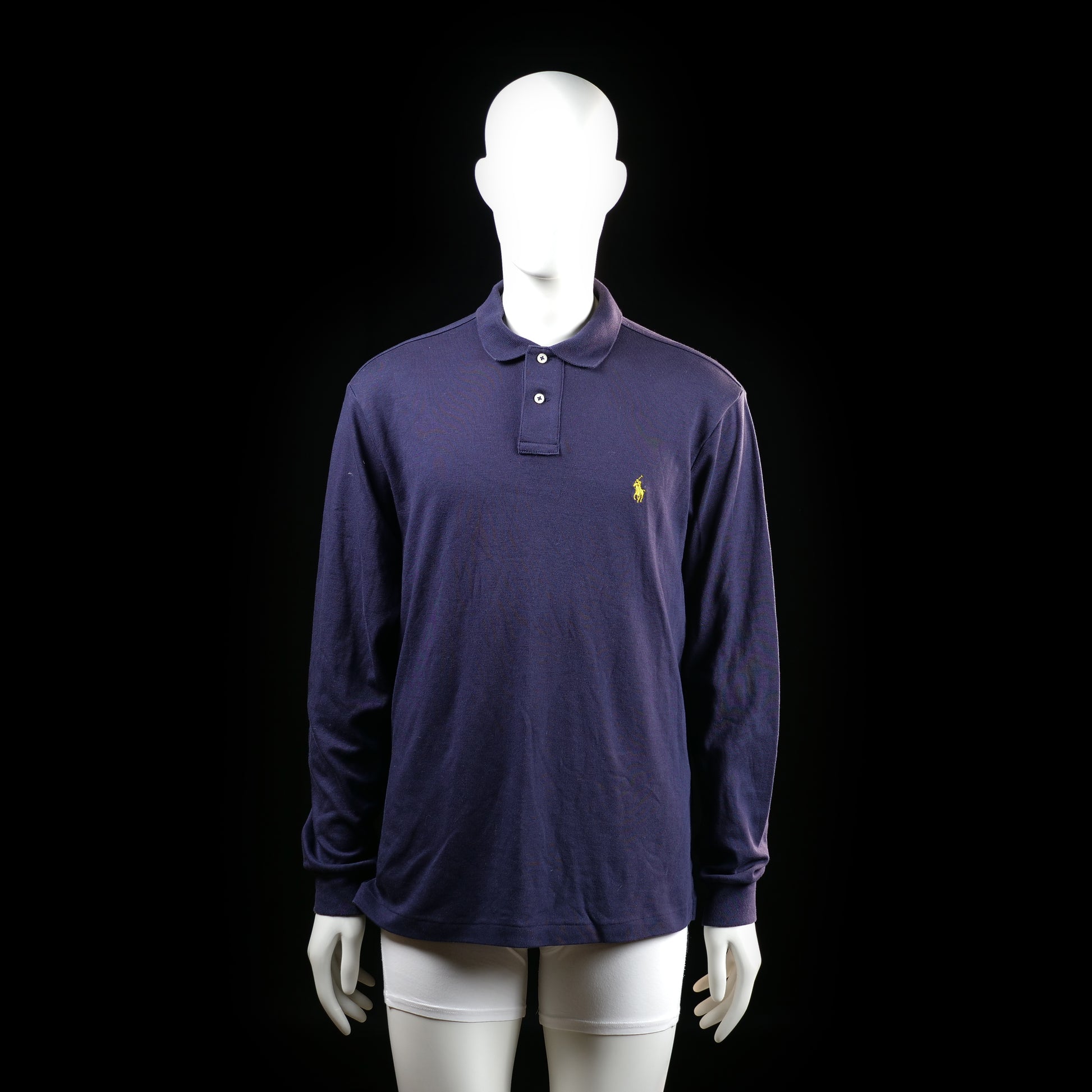 Ralph Lauren Polo - Polo - Navy - Size L - Long-sleeve polo with a three-button placket and ribbed cuffs. Solid-colored with a small embroidered logo on the left chest.