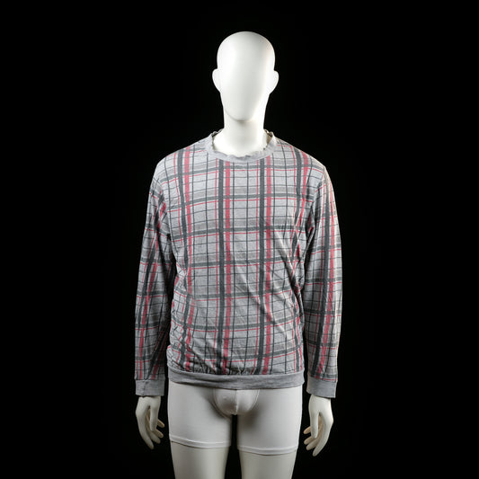 Identic - Sweatshirt - Light Gray & Red - Size M - Long-sleeve sweatshirt with a crew neckline and ribbed cuffs and hem. Features an all-over plaid pattern in red, black, and gray on a light gray base.