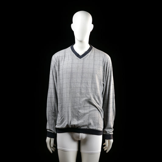 Identic - Sweater - Light Gray & Black - Size M - Long-sleeve top with a V-neckline and ribbed cuffs and hem in a contrasting dark color. Features an all-over thin vertical and horizontal line check pattern.