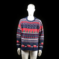 Esmara - Sweater - Multicolored - Size L, 44, 46 - Crewneck sweater with an all-over knit holiday pattern featuring hearts, trees, cars, and snowflakes. The main colors are navy, red, white, and green arranged in horizontal bands across the torso and sleeves.