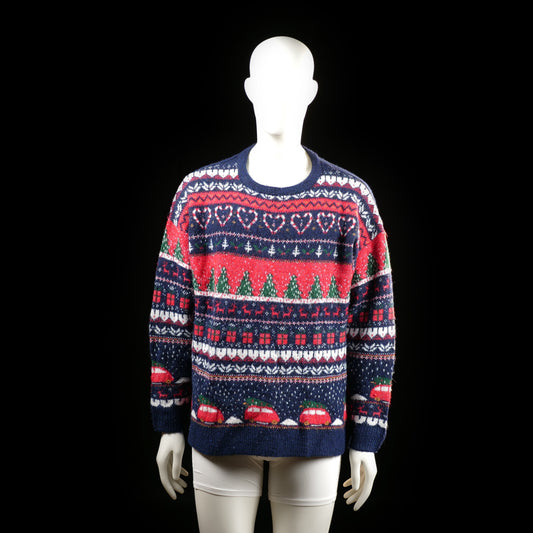 Esmara - Sweater - Multicolored - Size L, 44, 46 - Crewneck sweater with an all-over knit holiday pattern featuring hearts, trees, cars, and snowflakes. The main colors are navy, red, white, and green arranged in horizontal bands across the torso and sleeves.
