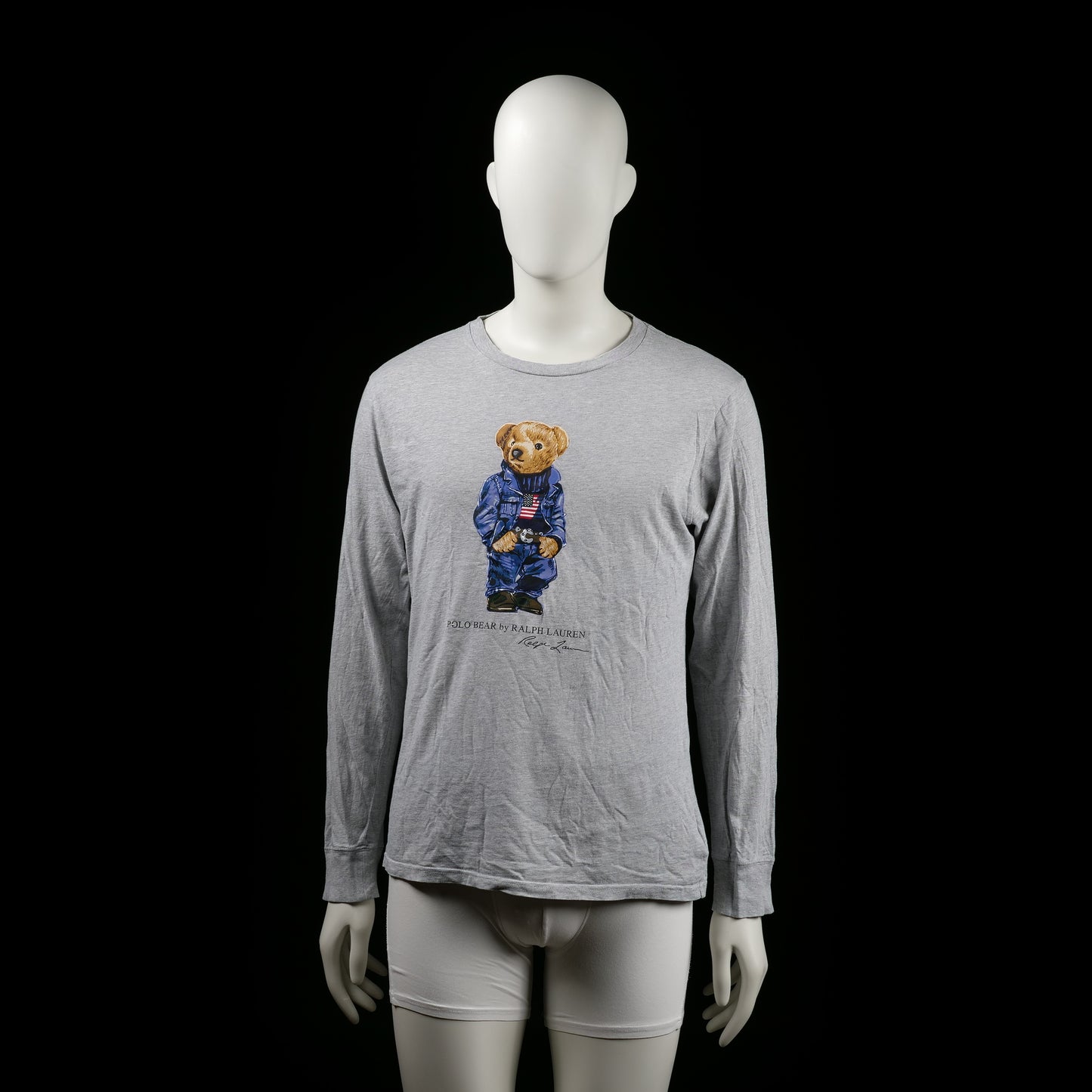 Ralph Lauren Polo - Long-sleeve top - Light Gray - Size XL - Light gray long-sleeve top with a front graphic of a bear dressed in blue clothing. Features a round neckline and plain sleeves with no additional detailing.