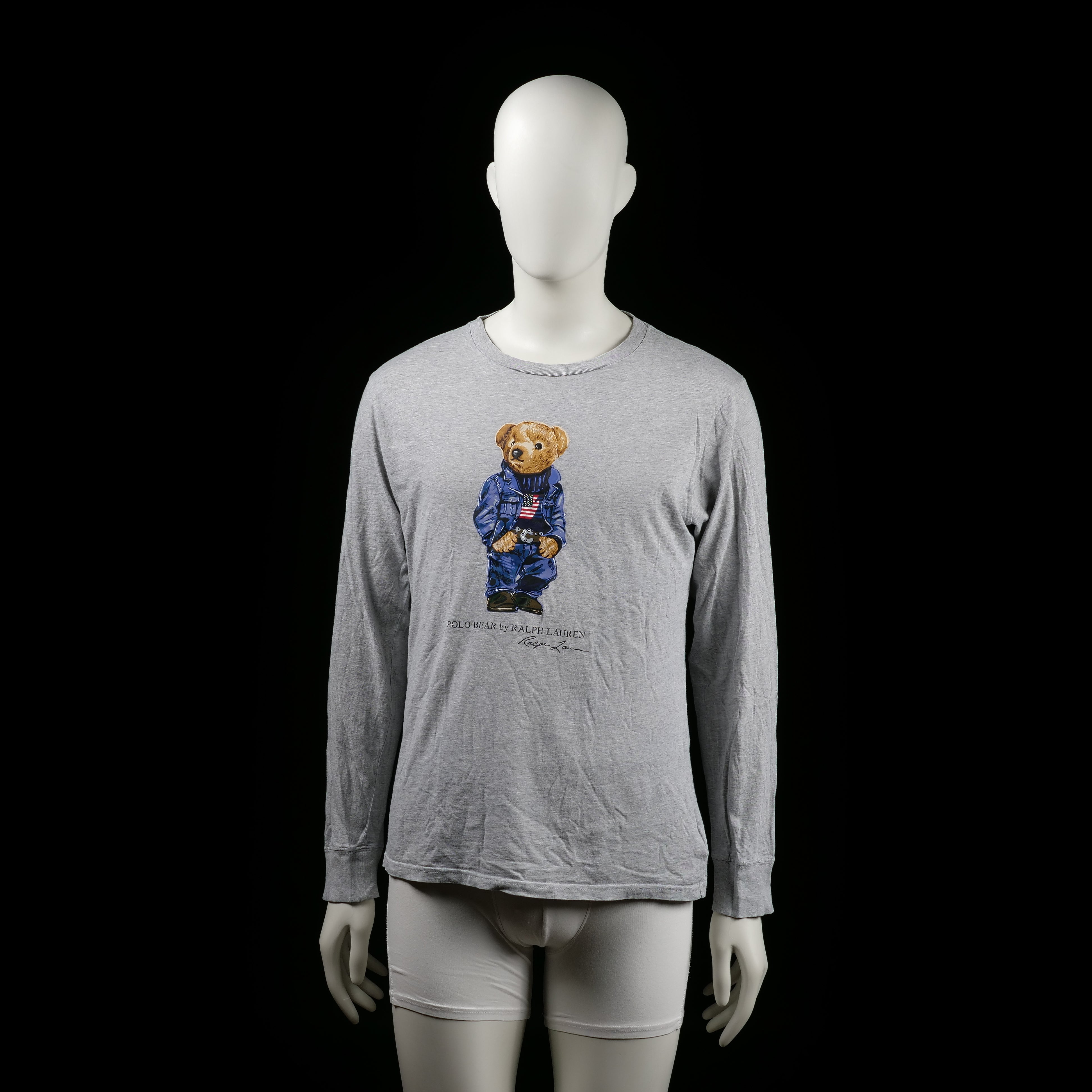 Ralph Lauren Polo - Long-sleeve top - Light Gray - Size XL - Light gray long-sleeve top with a front graphic of a bear dressed in blue clothing. Features a round neckline and plain sleeves with no additional detailing.