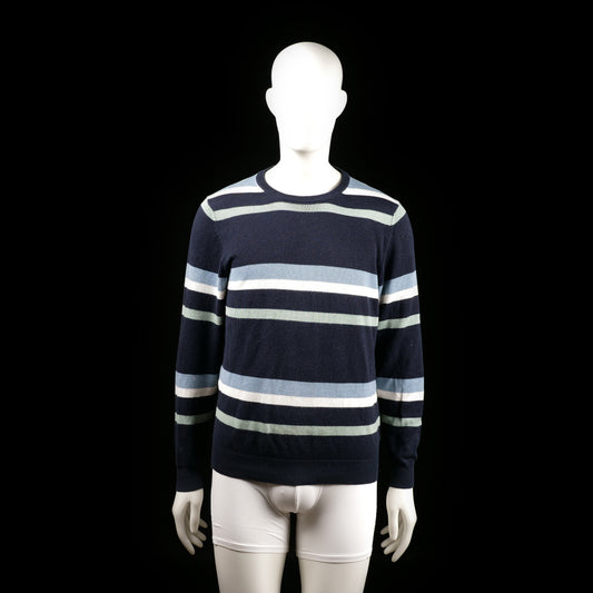 Livergy - Sweater - Multicolored - Size M, 48, 50 - Navy crew neck sweater with horizontal stripes in light blue, white, and sage green across the body and sleeves. Features ribbed cuffs and hem.