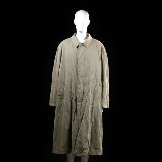 Cerruti 1881 - Trench coat - Taupe - Size 52 - Long coat with a slightly flared silhouette, button front closure, and a storm flap across the upper back. Features adjustable sleeve cuffs and angled front pockets.