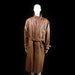 Eschel Krag - Trench coat - Brown - Size 48 - Long coat with a high stand collar, belted waist, and shoulder epaulets. Features wrist straps and a concealed front closure.