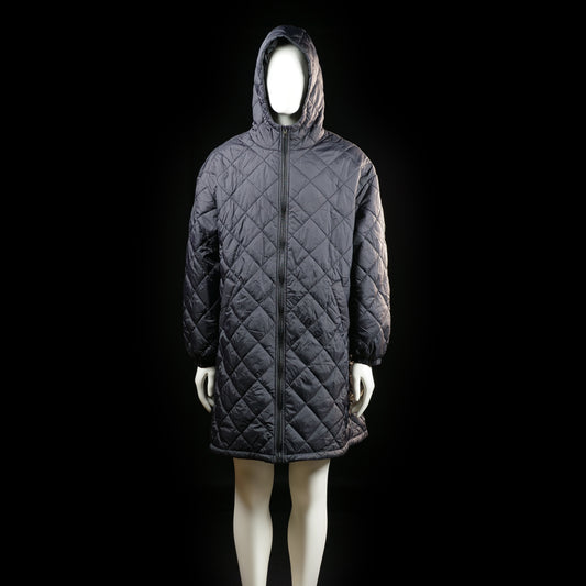 Padded coat - Dark Gray - Size 2XL - Long quilted coat with diamond stitching pattern throughout and a front zip closure. Features a hood and elasticized cuffs.