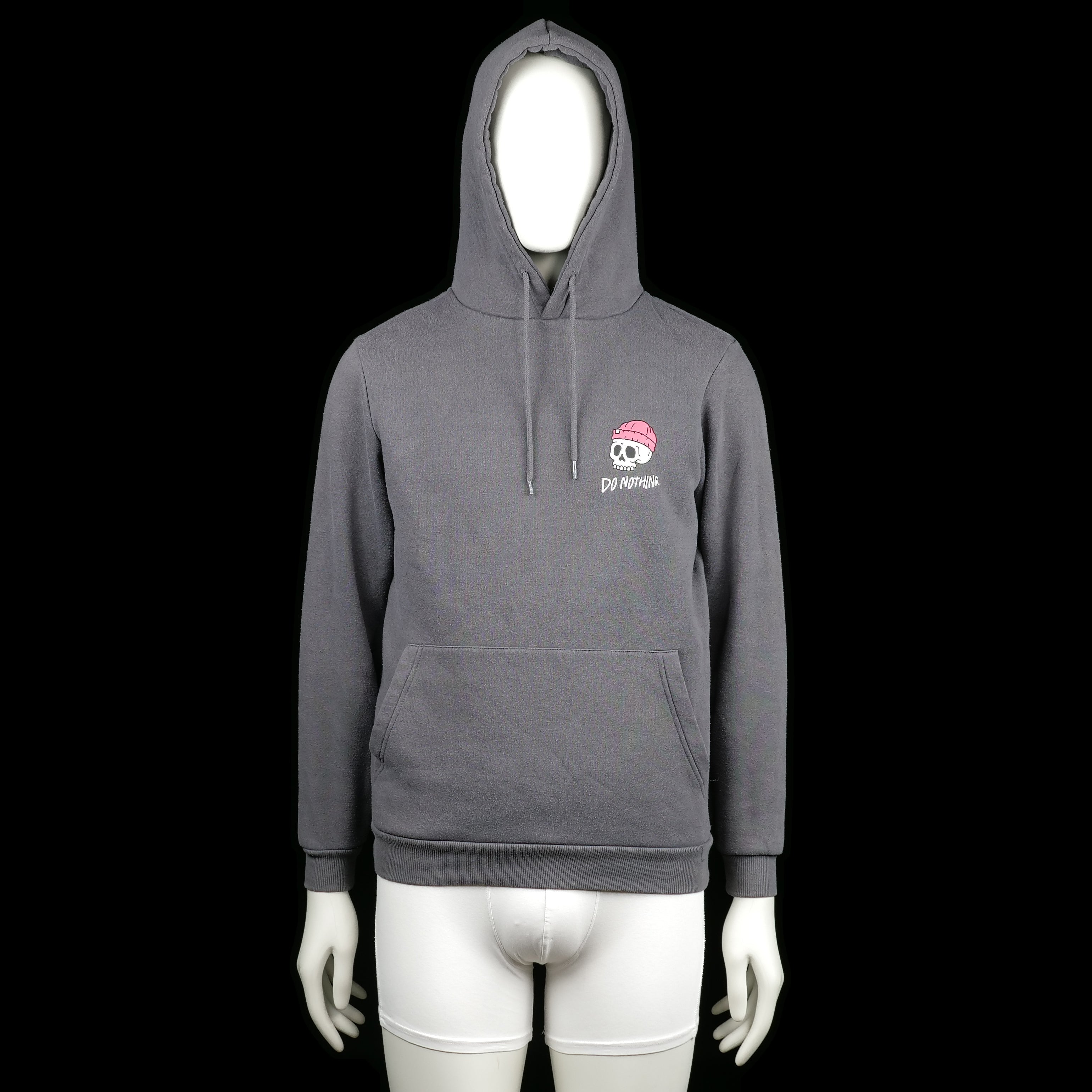 FSBN - Hoodie - Charcoal - Size XS - Charcoal hoodie with a kangaroo pocket and a printed skull graphic in pink and white on the left chest, featuring the text "DO NOTHING." It has ribbed cuffs and hem with a drawstring hood.