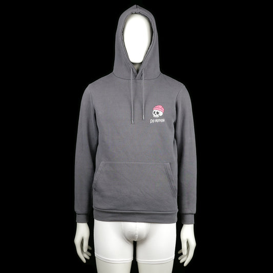 FSBN - Hoodie - Charcoal - Size XS - Charcoal hoodie with a kangaroo pocket and a printed skull graphic in pink and white on the left chest, featuring the text "DO NOTHING." It has ribbed cuffs and hem with a drawstring hood.