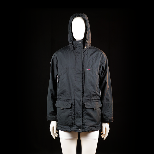 Mckinley - Parka - Black - Size 38 - Hooded jacket with a front zipper and snap closure, featuring adjustable drawcords at the hood and hem. Includes two front flap pockets and zippered side pockets.