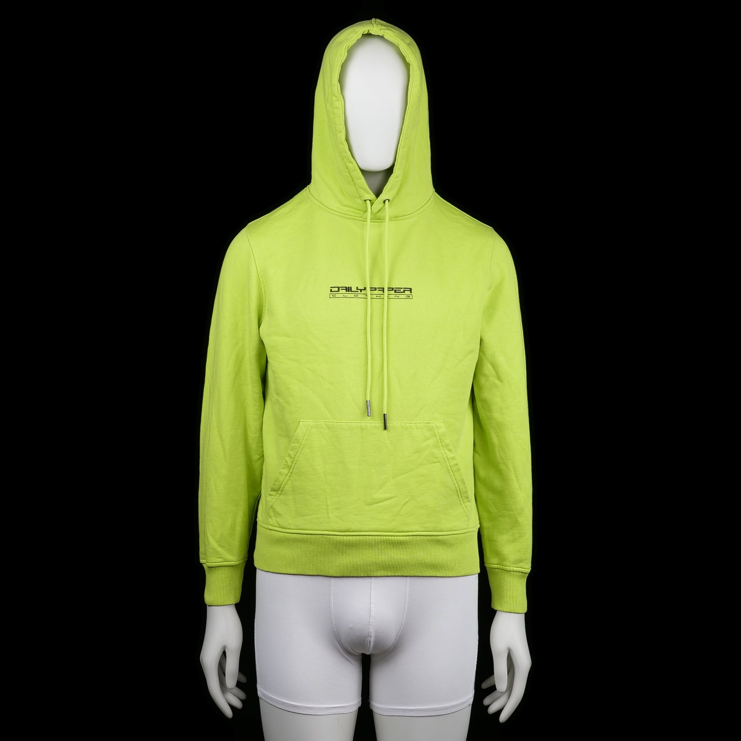 DAILY PAPER - Hoodie - Lime - Size XS - (NEW) - Lime green hoodie with drawstring hood, front kangaroo pocket, and a black logo print on the chest. Ribbed cuffs and hem provide a snug fit.