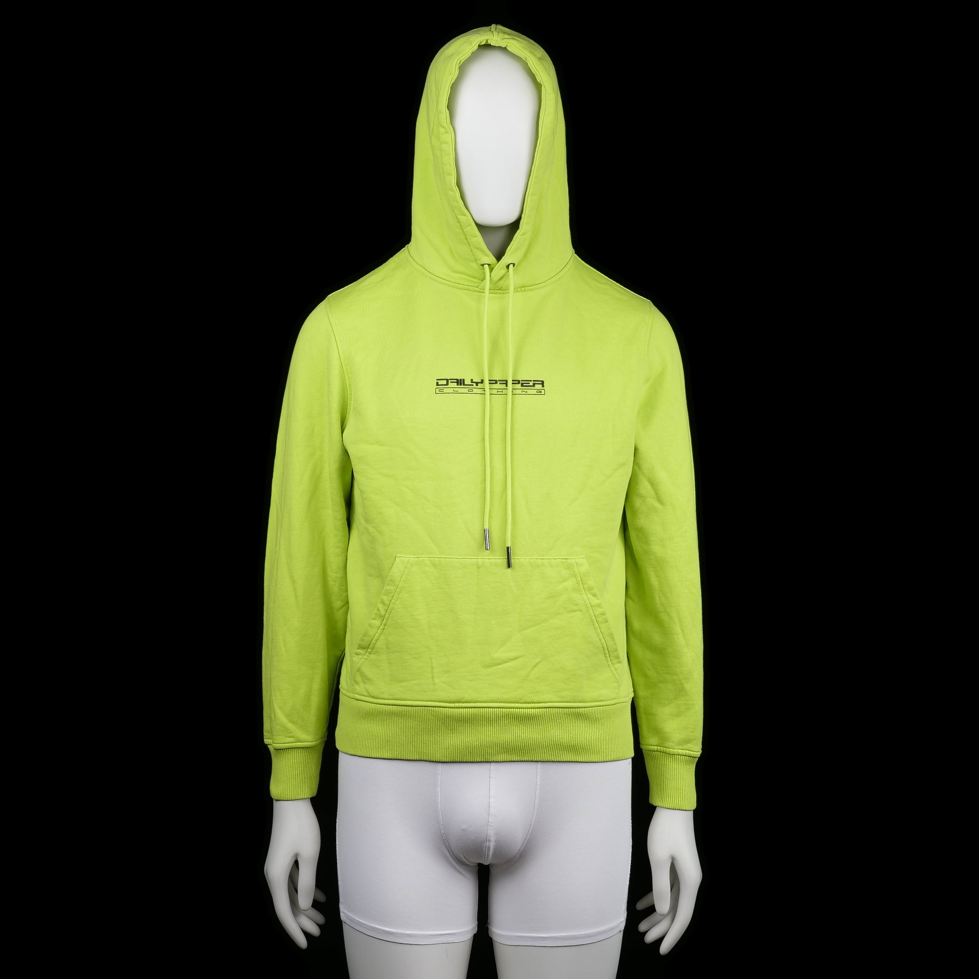 DAILY PAPER - Hoodie - Lime - Size XS - (NEW) - Lime green hoodie with drawstring hood, front kangaroo pocket, and a black logo print on the chest. Ribbed cuffs and hem provide a snug fit.