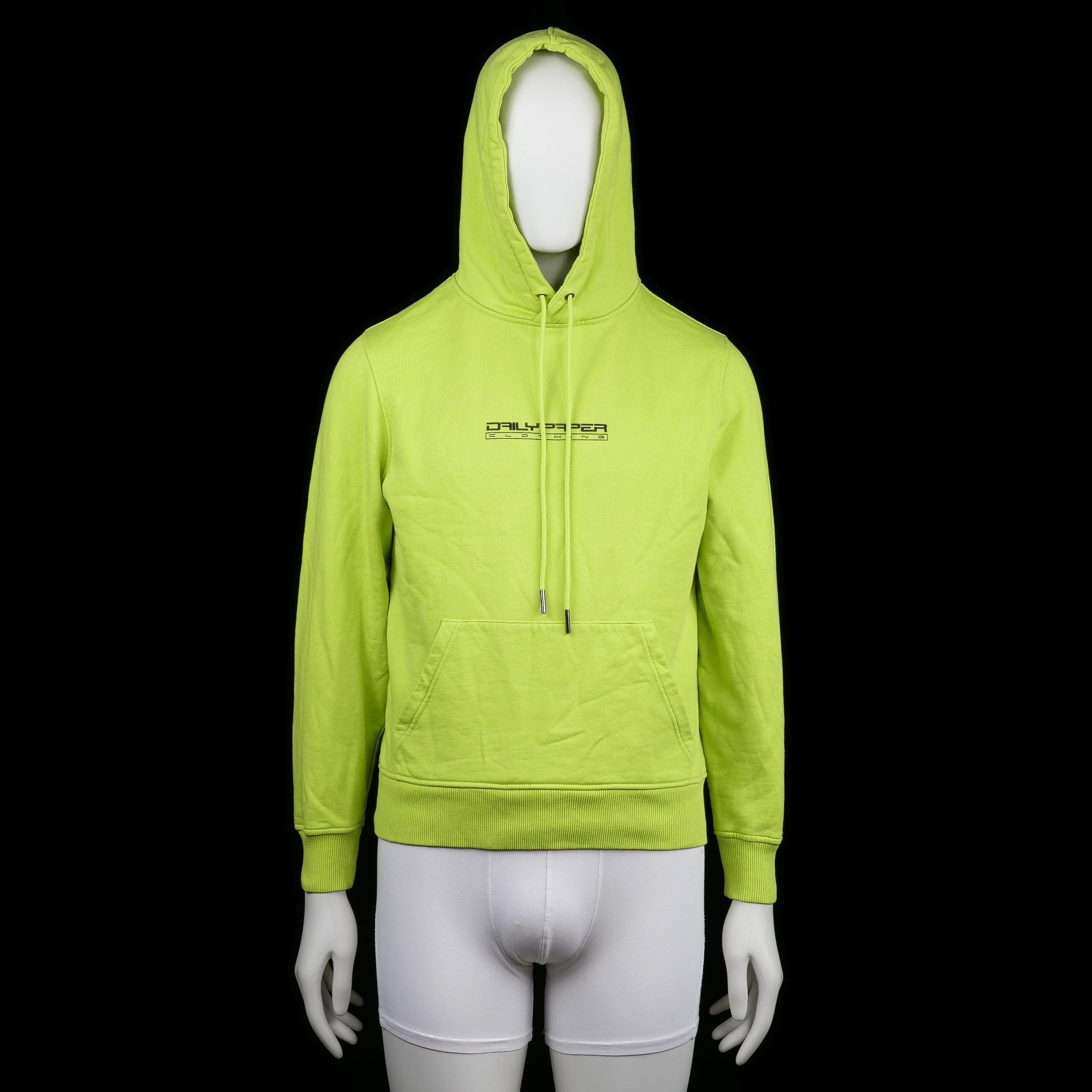 DAILY PAPER - Hoodie - Lime - Size XS - (NEW) - Lime green hoodie with drawstring hood, front kangaroo pocket, and a black logo print on the chest. Ribbed cuffs and hem provide a snug fit.