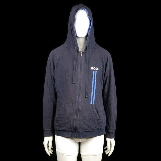 Boss - Hoodie - Navy & Light Blue - Size L - Navy hoodie with a full front zip, featuring two vertical light blue stripes and "BOSS" text print on the left chest. Includes a drawstring hood and front kangaroo pockets.