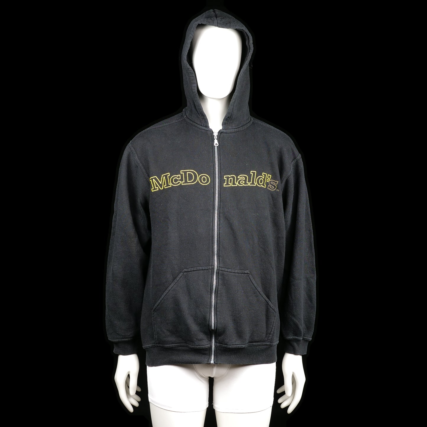 Promodoro - Hoodie - Black & Yellow - Size L - Black zip-up hoodie with a yellow "McDonald's" print across the chest. Features a front kangaroo pocket and ribbed cuffs.