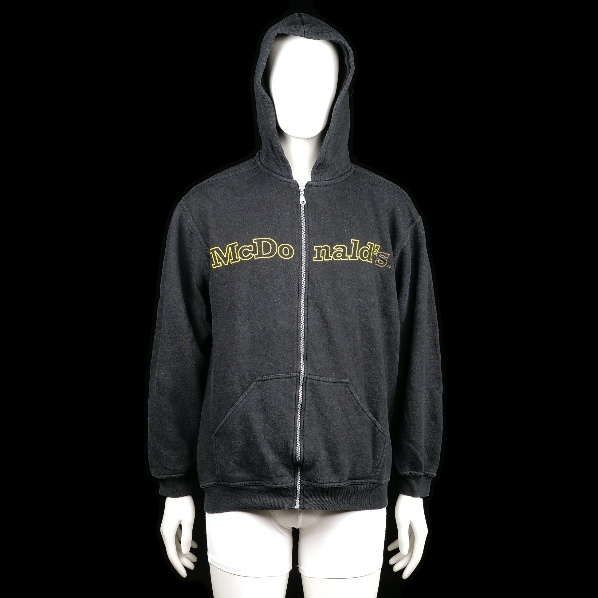 Promodoro - Hoodie - Black & Yellow - Size L - Black zip-up hoodie with a yellow "McDonald's" print across the chest. Features a front kangaroo pocket and ribbed cuffs.
