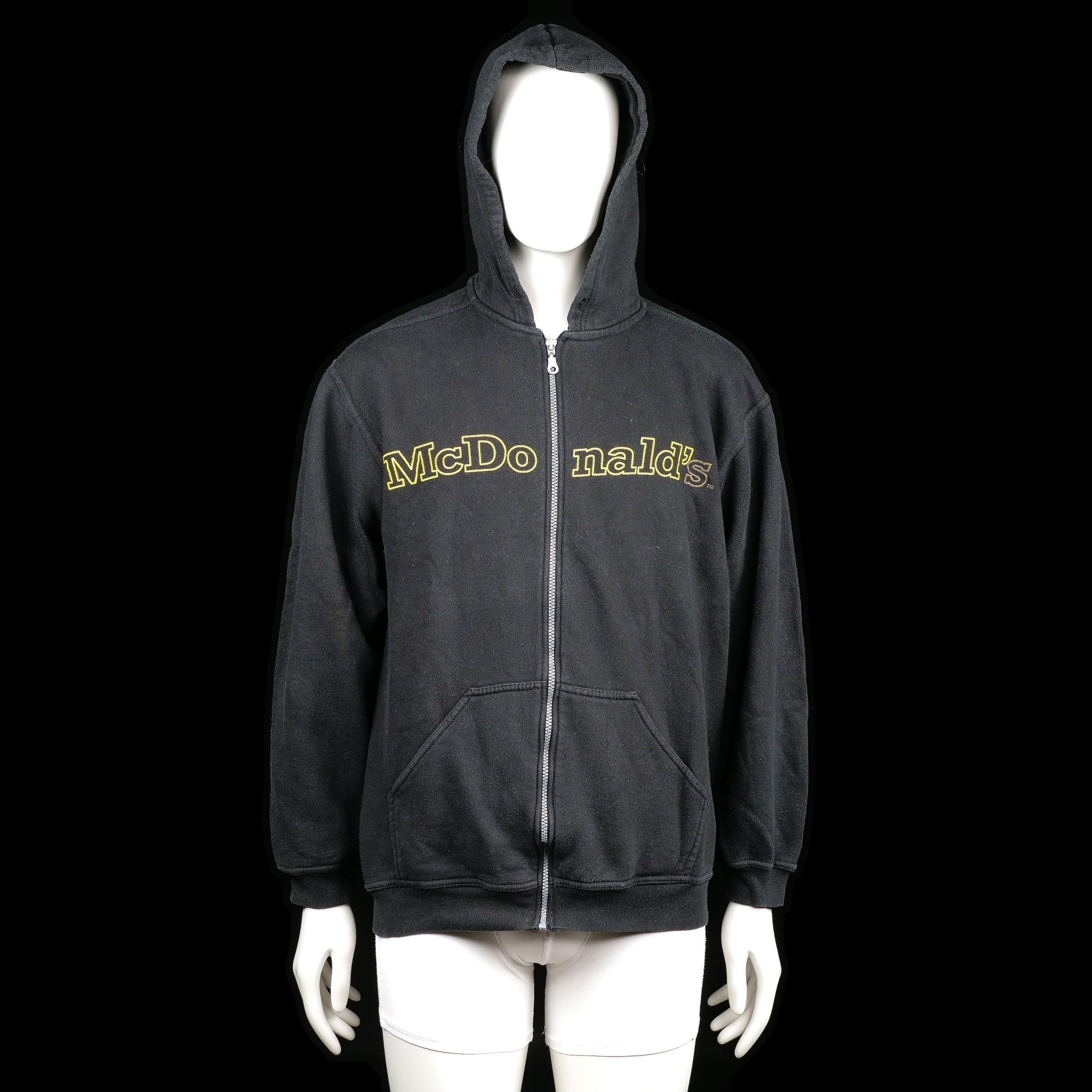 Promodoro - Hoodie - Black & Yellow - Size L - Black zip-up hoodie with a yellow "McDonald's" print across the chest. Features a front kangaroo pocket and ribbed cuffs.
