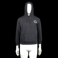 Hoodie - Black & White - Size S - Black hoodie with ribbed cuffs and hem, featuring a white smiley print on the left chest. Includes a front kangaroo pocket and drawstring at the hood.