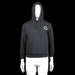 Hoodie - Black & White - Size S - Black hoodie with ribbed cuffs and hem, featuring a white smiley print on the left chest. Includes a front kangaroo pocket and drawstring at the hood.