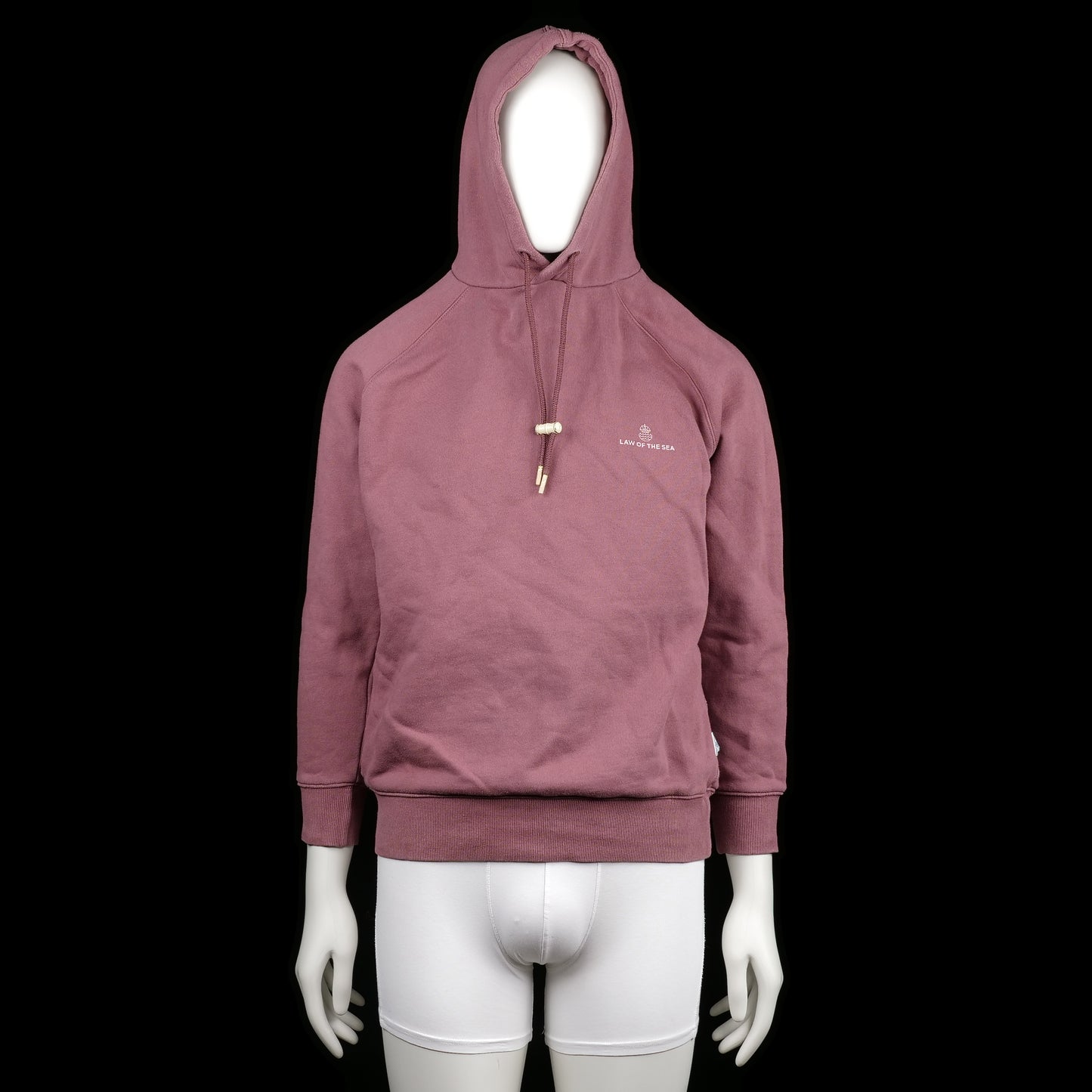 Law of the Sea - Hoodie - Burgundy - Size S - Solid burgundy hoodie with a drawstring hood featuring rounded wooden toggles. Ribbed cuffs and straight hem.