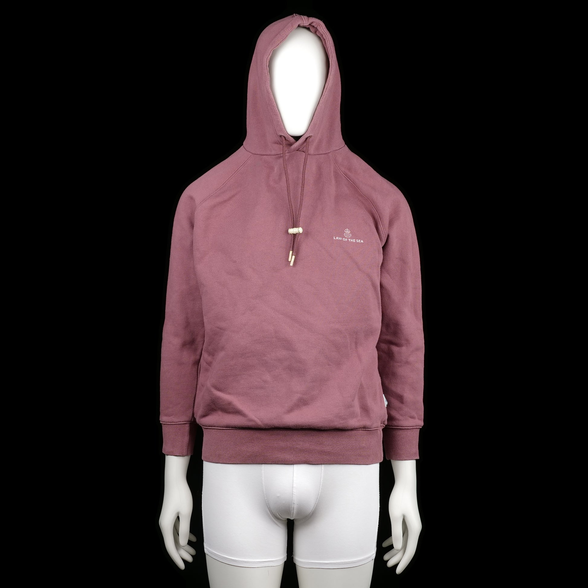 Law of the Sea - Hoodie - Burgundy - Size S - Solid burgundy hoodie with a drawstring hood featuring rounded wooden toggles. Ribbed cuffs and straight hem.