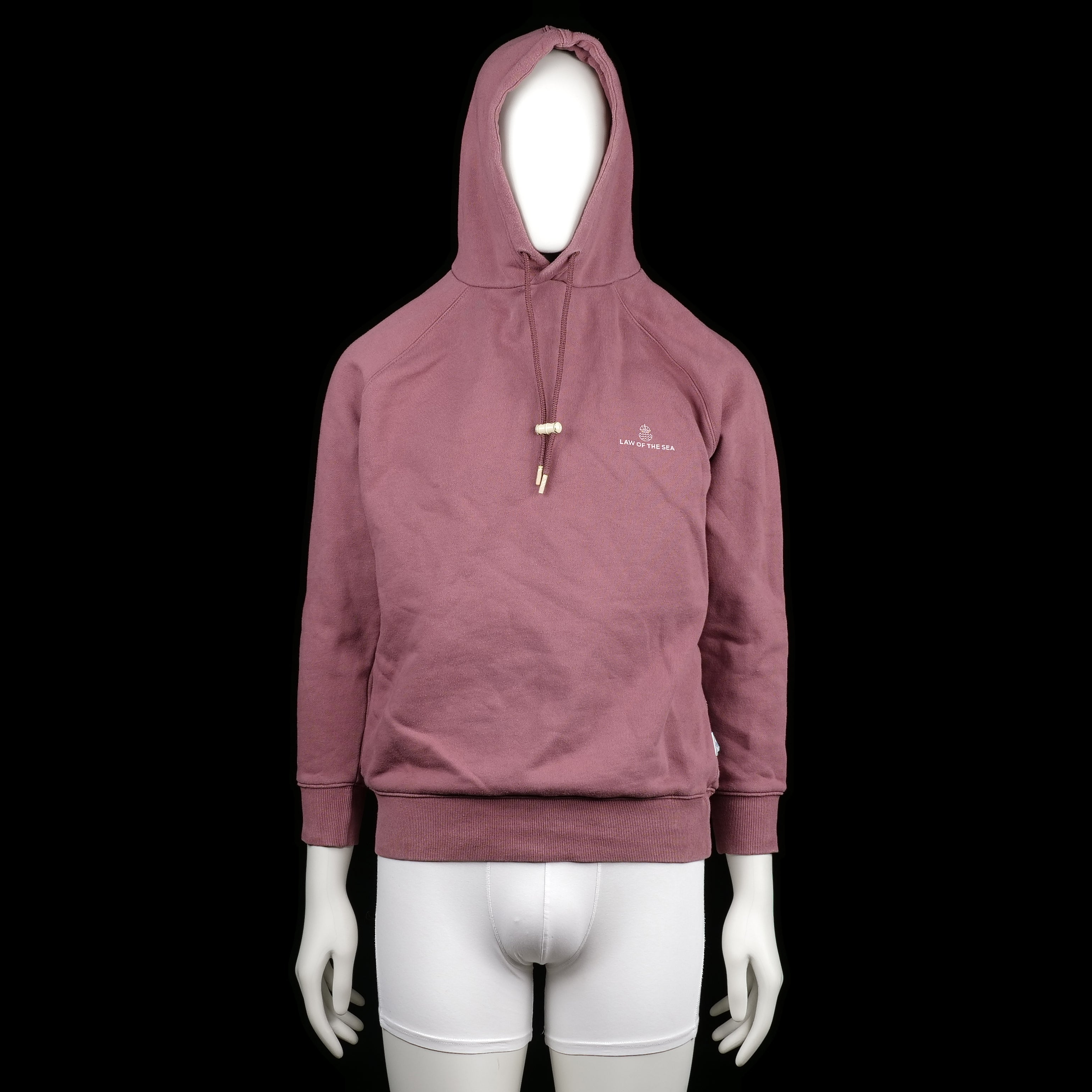 Law of the Sea - Hoodie - Burgundy - Size S - Solid burgundy hoodie with a drawstring hood featuring rounded wooden toggles. Ribbed cuffs and straight hem.