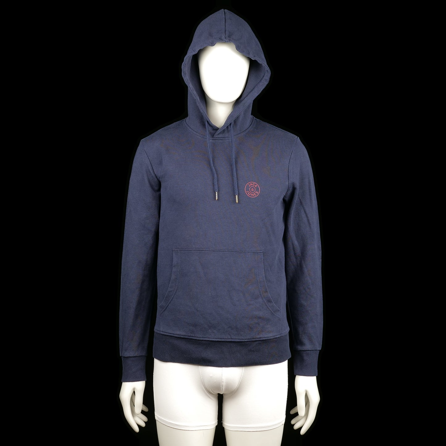 Jack & Jones - Hoodie - Navy - Size M - Solid navy hoodie with front kangaroo pocket, ribbed cuffs and hem, and a drawstring hood. Small circular print on the left chest.