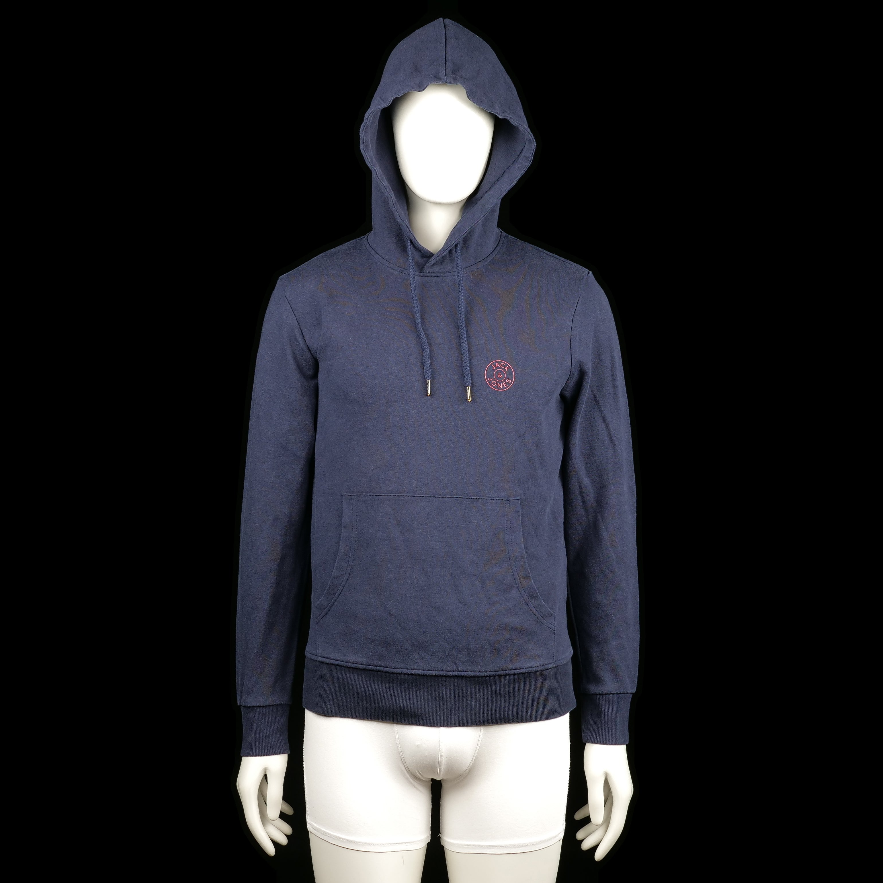 Jack & Jones - Hoodie - Navy - Size M - Solid navy hoodie with front kangaroo pocket, ribbed cuffs and hem, and a drawstring hood. Small circular print on the left chest.