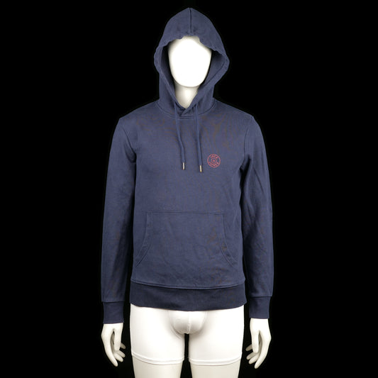 Jack & Jones - Hoodie - Navy - Size M - Solid navy hoodie with front kangaroo pocket, ribbed cuffs and hem, and a drawstring hood. Small circular print on the left chest.
