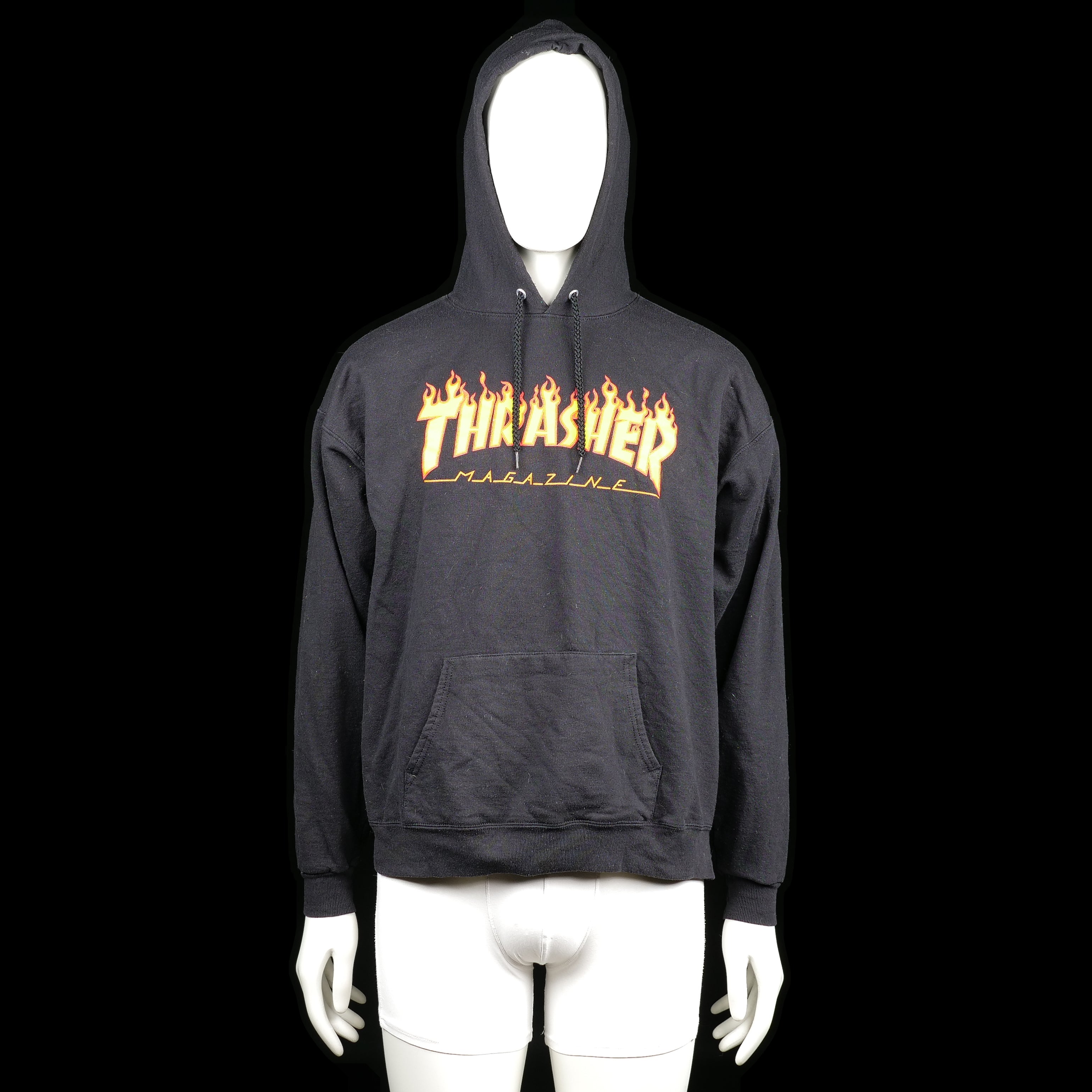 San Francisca - Hoodie - Black - Size L - Black hoodie with a kangaroo pocket and colorful flame "THRASHER MAGAZINE" graphic print on the front. It features ribbed cuffs and hem with adjustable drawstrings on the hood.