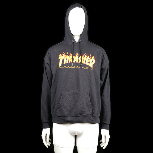 San Francisca - Hoodie - Black - Size L - Black hoodie with a kangaroo pocket and colorful flame "THRASHER MAGAZINE" graphic print on the front. It features ribbed cuffs and hem with adjustable drawstrings on the hood.