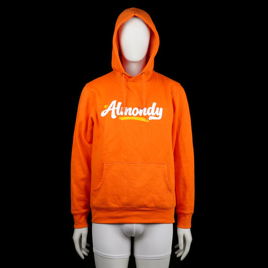 Elevate - Hoodie - Orange & White - Size M - Bright orange hoodie with a white "Almondy" print on the chest. Features a front kangaroo pocket and a drawstring hood.