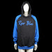 Raw Blue - Hoodie - Black & Royal Blue - Size 3XL - Black and blue hoodie with raglan sleeves and a front kangaroo pocket. Features large “Raw Blue” text print on the chest and smaller text print on the upper back.
