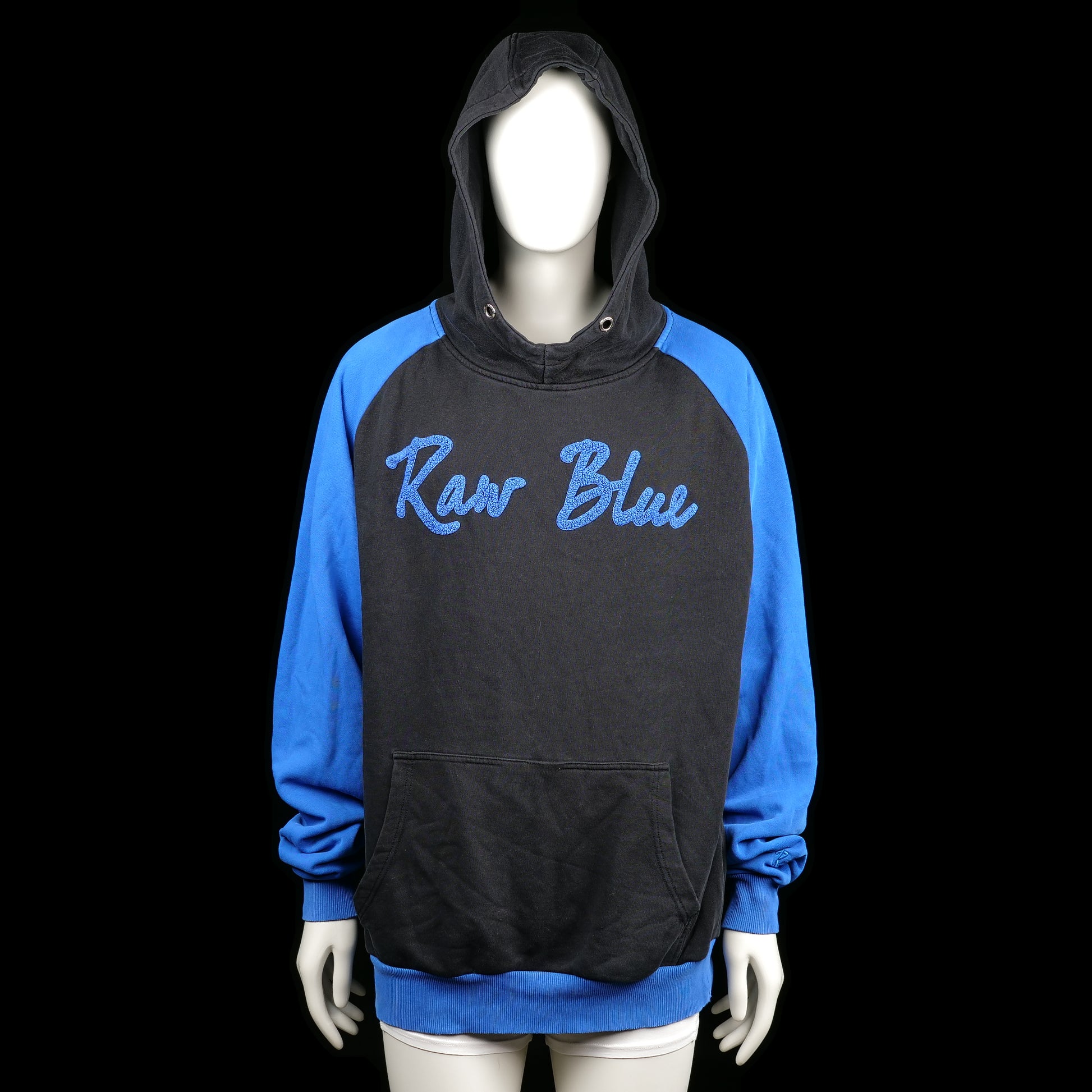 Raw Blue - Hoodie - Black & Royal Blue - Size 3XL - Black and blue hoodie with raglan sleeves and a front kangaroo pocket. Features large “Raw Blue” text print on the chest and smaller text print on the upper back.