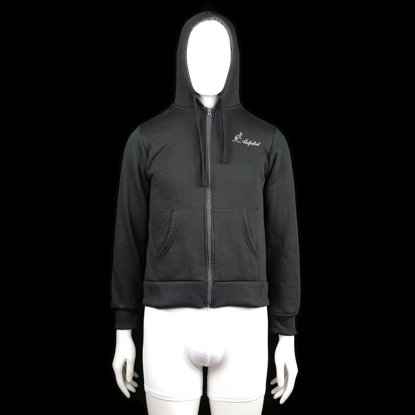 Australian - Hoodie - Black - Size M - Black zip-up hoodie with kangaroo pockets and ribbed cuffs and hem. Small white text embroidery on the left chest.