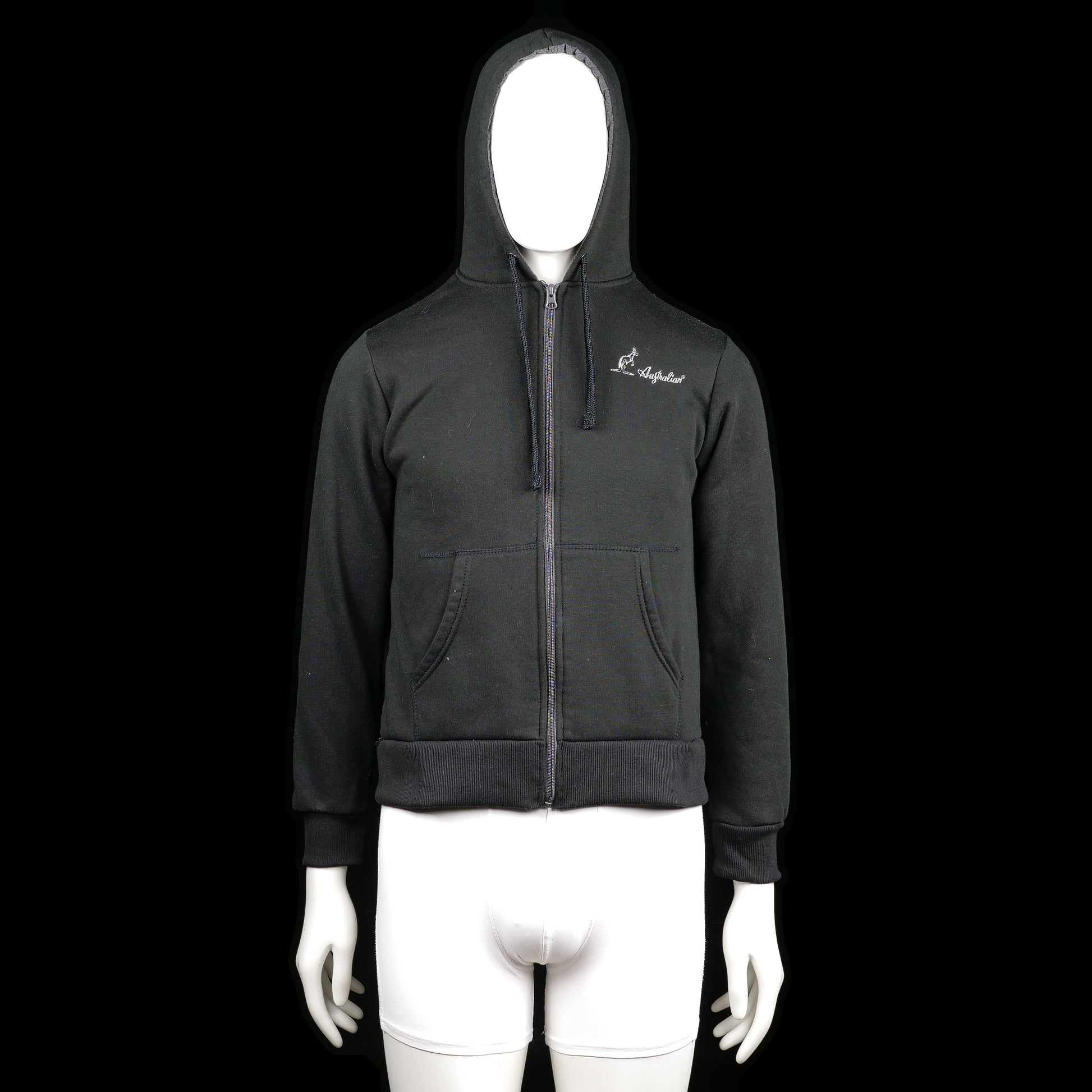 Australian - Hoodie - Black - Size M - Black zip-up hoodie with kangaroo pockets and ribbed cuffs and hem. Small white text embroidery on the left chest.