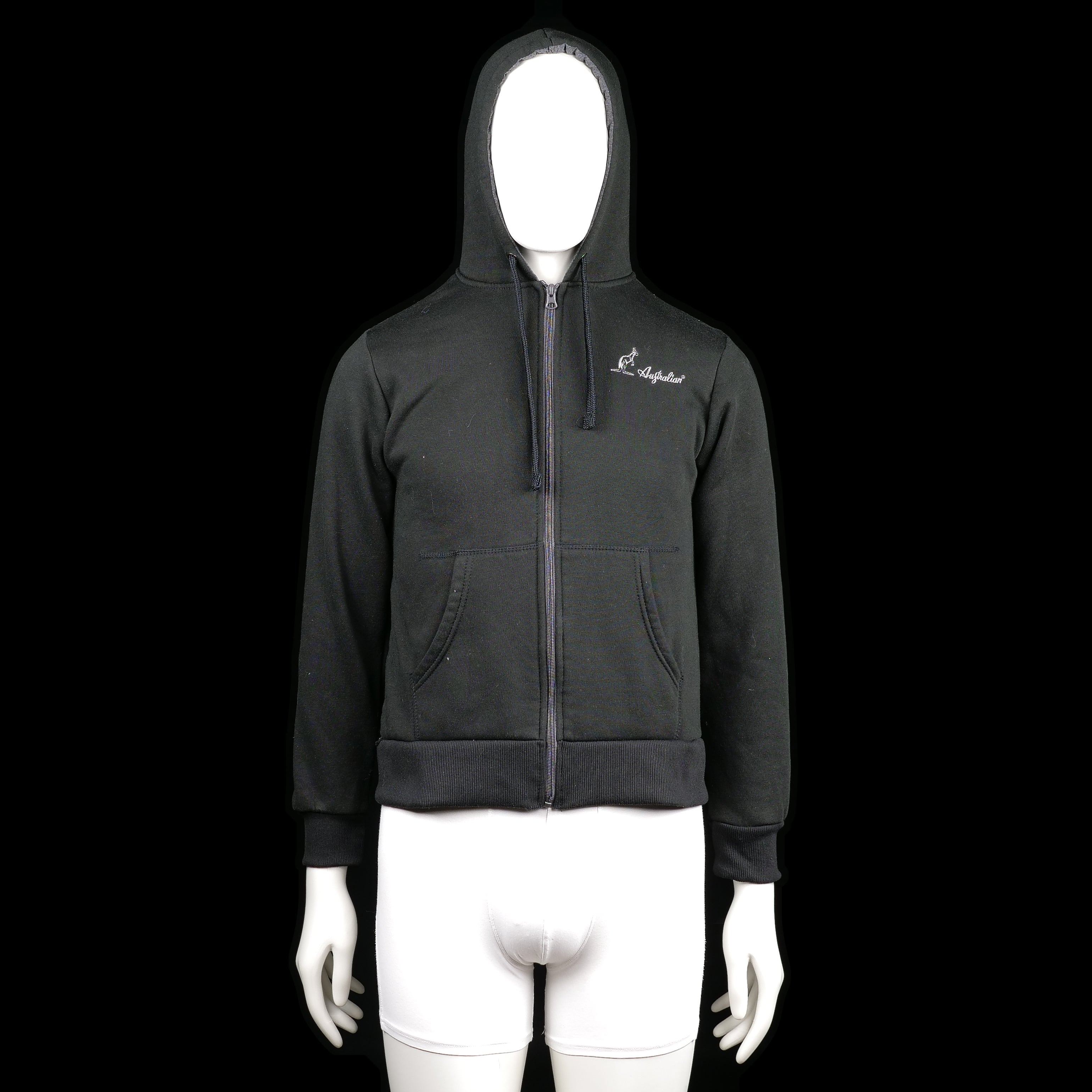 Australian - Hoodie - Black - Size M - Black zip-up hoodie with kangaroo pockets and ribbed cuffs and hem. Small white text embroidery on the left chest.