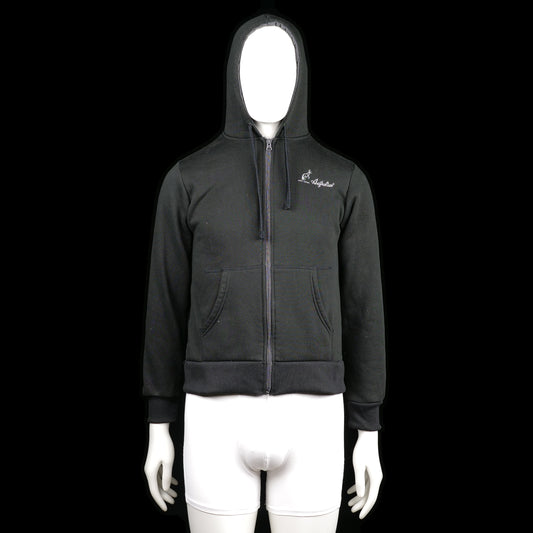 Australian - Hoodie - Black - Size M - Black zip-up hoodie with kangaroo pockets and ribbed cuffs and hem. Small white text embroidery on the left chest.