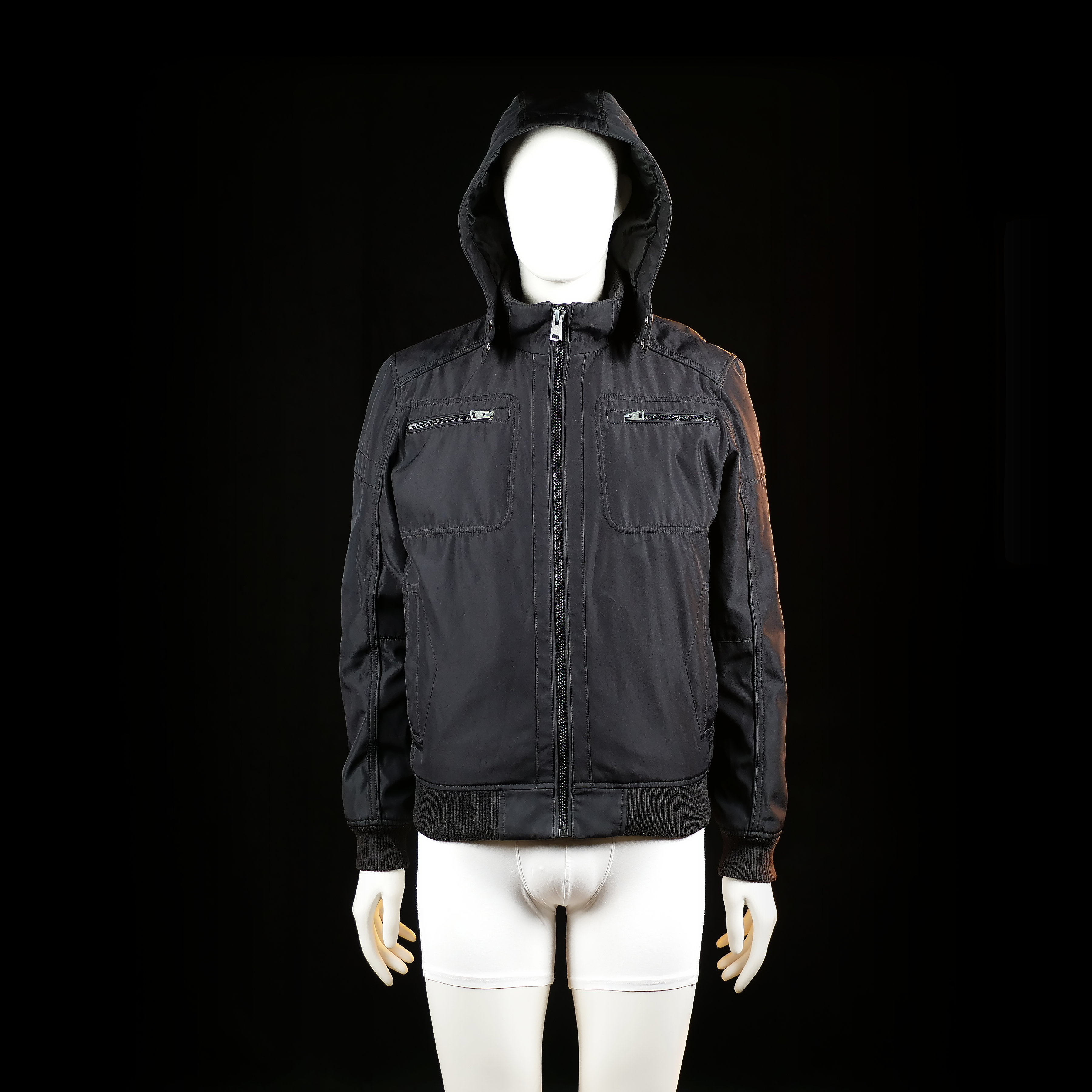 C&A Canda - Windbreaker - Black - Size S - Hooded zip-front jacket with ribbed cuffs and hem. Features two vertical chest zipper pockets and two slit side pockets.