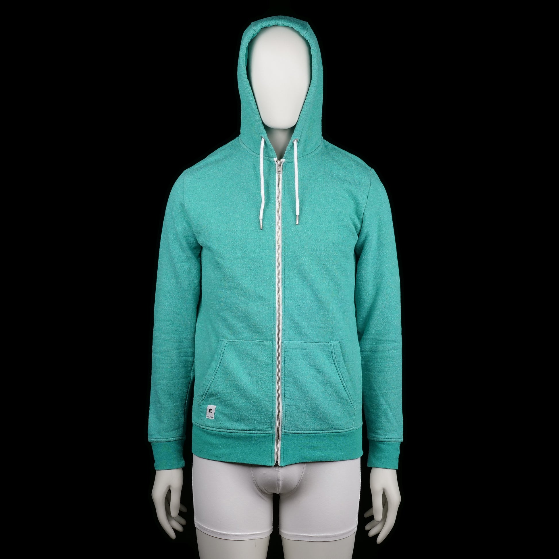 Capsize - Hoodie - Turquoise - Size M - Solid turquoise zip-up hoodie with white drawstrings and front kangaroo pockets. Features ribbed cuffs and a straight hem.