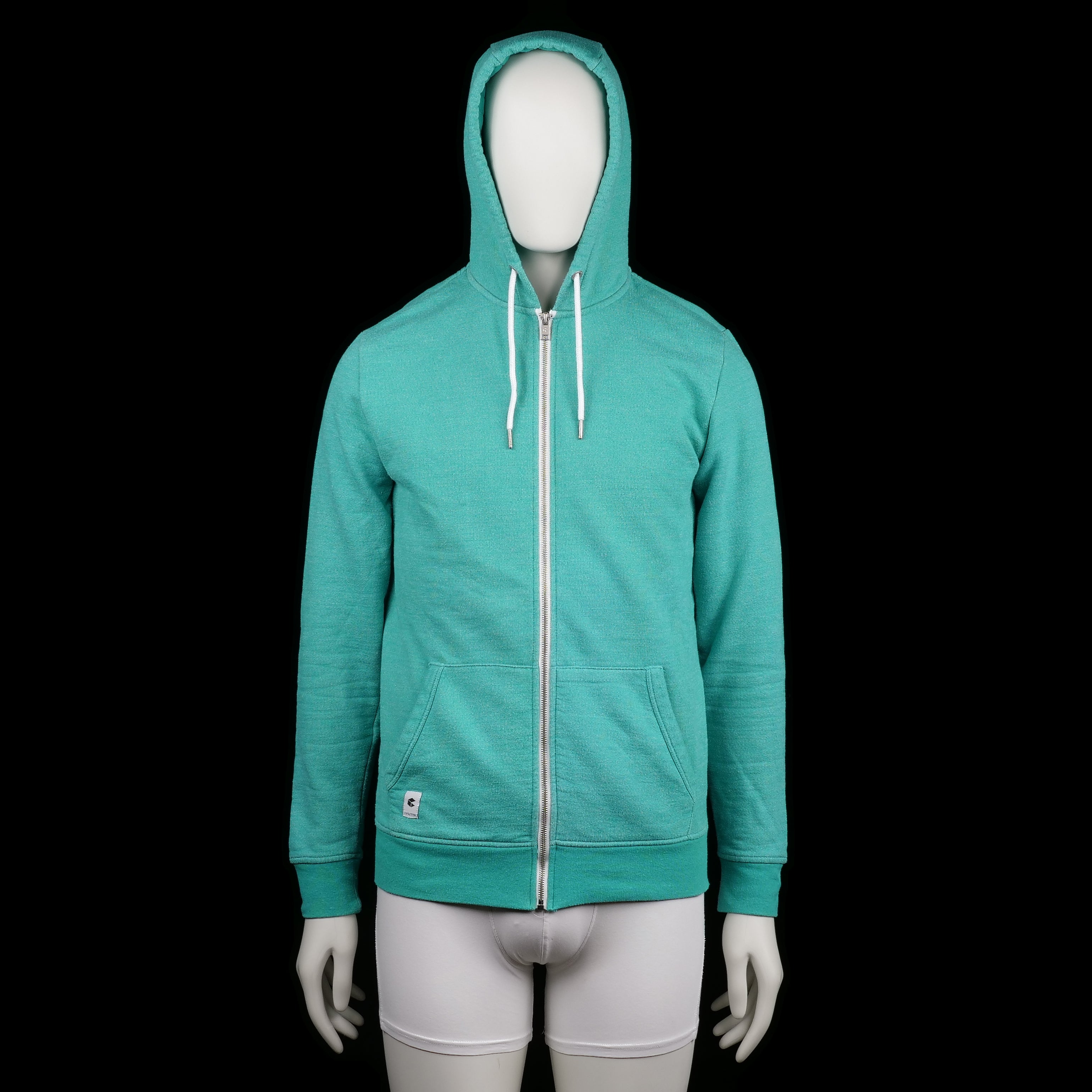 Capsize - Hoodie - Turquoise - Size M - Solid turquoise zip-up hoodie with white drawstrings and front kangaroo pockets. Features ribbed cuffs and a straight hem.