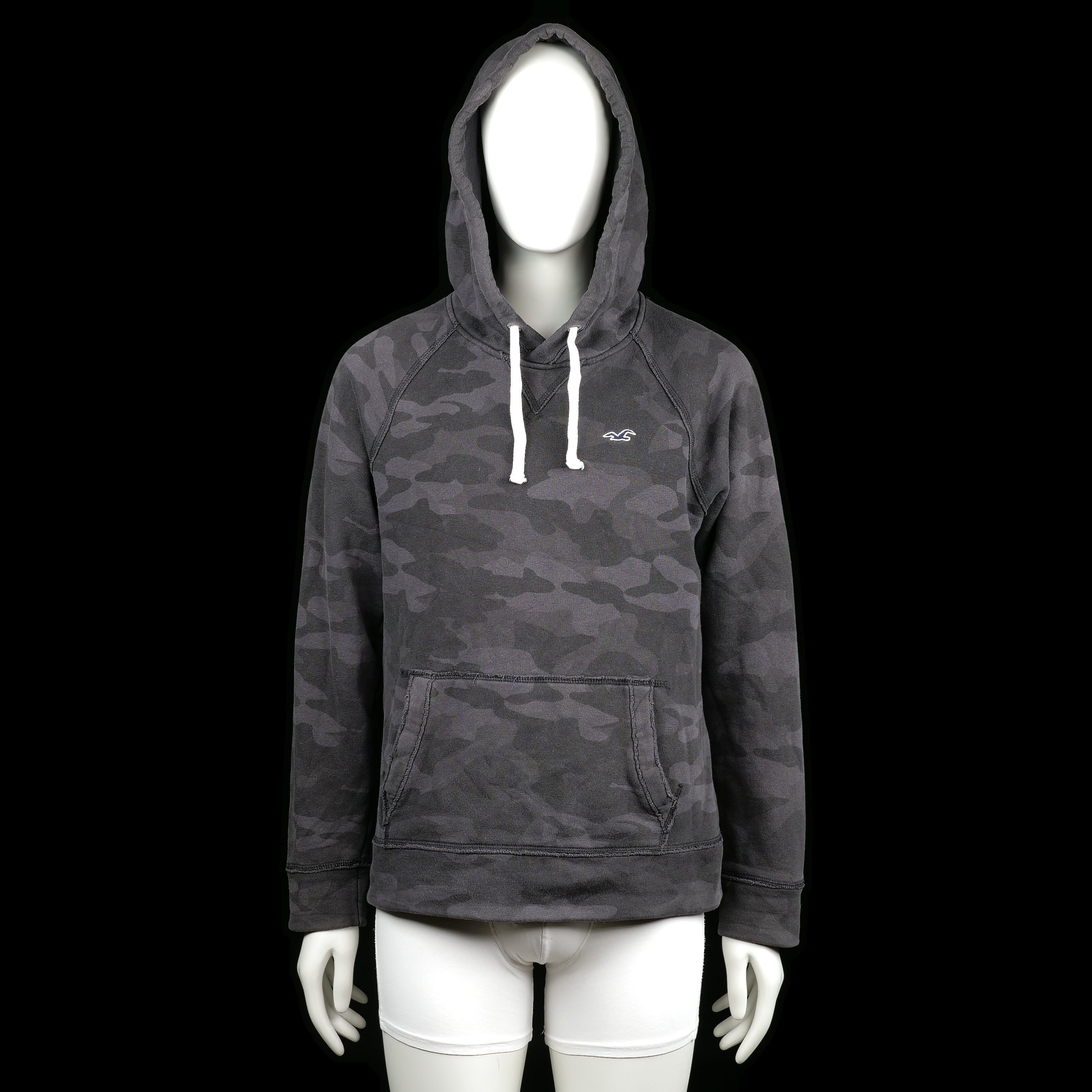 Hollister - Hoodie - Charcoal - Size S - Charcoal camouflage hoodie with white drawstrings and a front kangaroo pocket. Features long raglan sleeves and a straight hem.