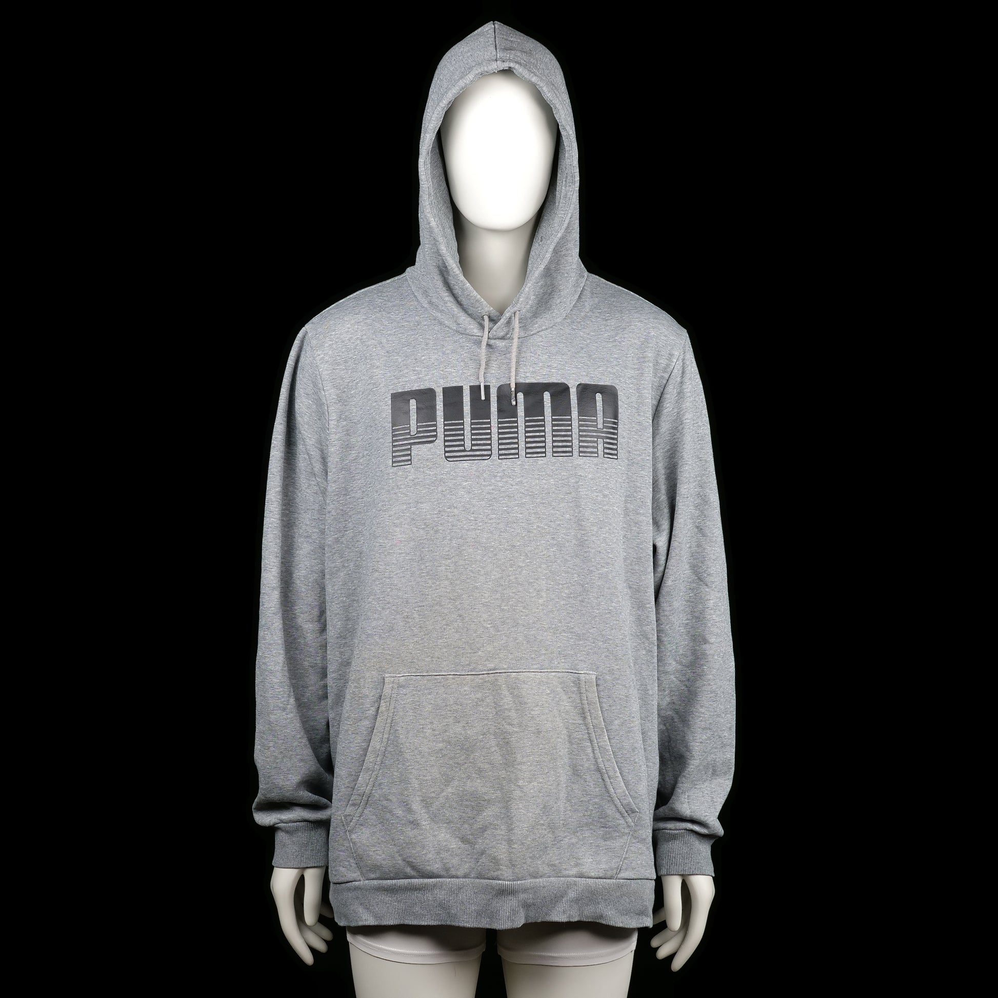 Puma - Hoodie - Light Gray - Size XXL - Light gray hoodie with a large black printed logo on the chest and a front kangaroo pocket. Features ribbed cuffs, a straight hem, and an adjustable drawstring hood.