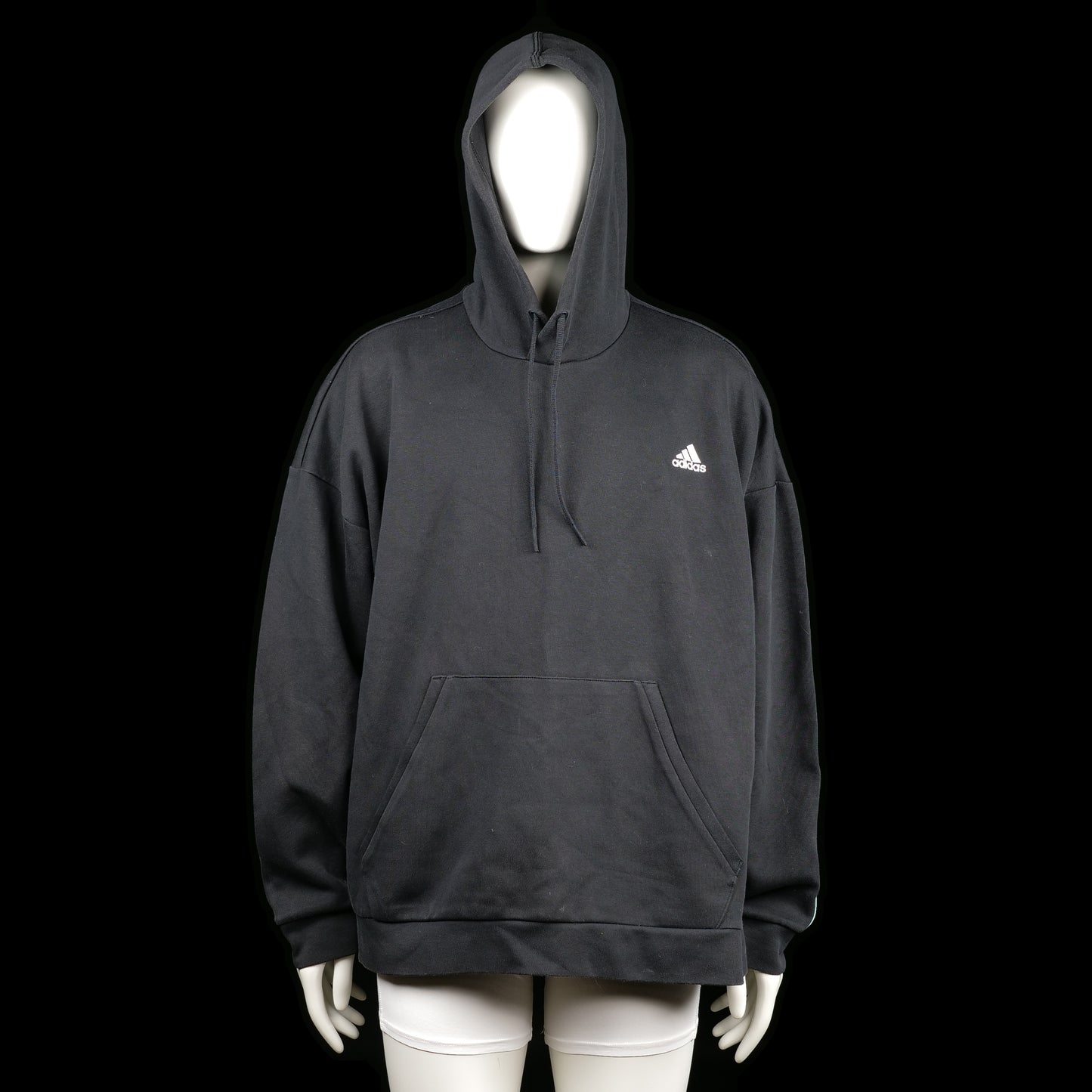 Adidas - Hoodie - Black & White - Size 2XL - Black hoodie with white three-stripe detailing running down the sleeves and across the upper back. Features a kangaroo pocket and a drawstring hood.